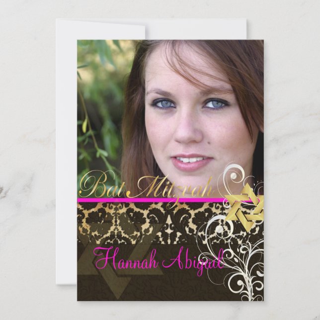 Bat Mitzvah/Vintag Damask/Wirbel/Hot-pink Einladung (Vorderseite)
