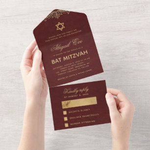 Bat Mitzvah Vintag Elegantes Burgundy Gold Script All In One Einladung