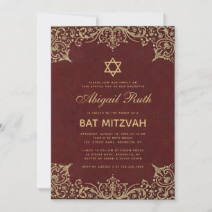 Bat Mitzvah Vintage Elegant Burgunderrot Gold Ster Einladung