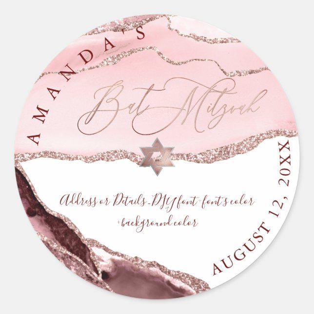 Bat Mitzvah, Wasserfarbenblush Burgund Agate Runder Aufkleber (Vorderseite)