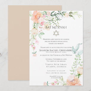 BAT MITZVAH Wasserfarbene Frühlingsblüten Vers. Einladung