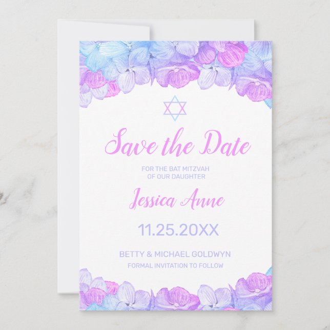 Bat Mitzvah Watercolo Floral Save the Date (Vorderseite)