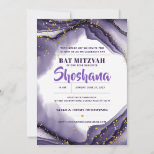 Bat Mitzvah Watercolor Agate Glitzer Lila Einladung
