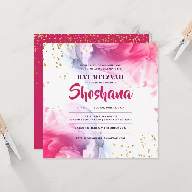 Bat Mitzvah Watercolor Glitzer Einladung (Vorderseite/Rückseite Beispiel)