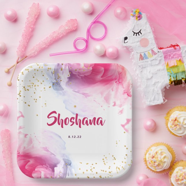 Bat Mitzvah Watercolor Glitzer Rosa Lila Papier P Pappteller (Party)