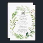 Bat Mitzvah Watercolor Green Foliage Star von Davi Einladung<br><div class="desc">Das Design besteht aus zartem,  grünem Blattblätterdach mit Aquarell und einem einfachen David Stern auf einem einfachen,  weißen Hintergrund. . Abrufbar unter: http://www.zazzle.com/store/selectpartysupplies</div>