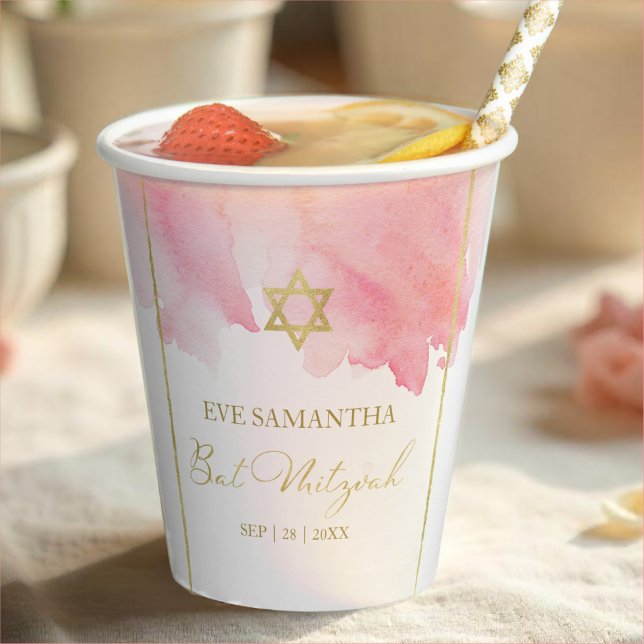 Bat Mitzvah Watercolor Paper Cups | Abstrakt rosa Pappbecher (Von Creator hochgeladen)