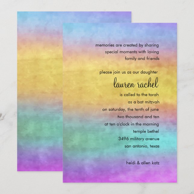Bat Mitzvah Watercolor Streaks Einladung (Vorne/Hinten)