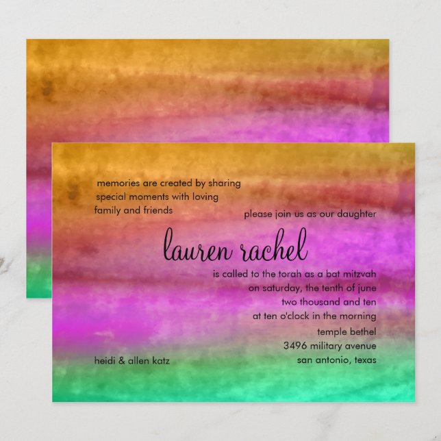 Bat Mitzvah Watercolor Streaks Einladung (Vorne/Hinten)