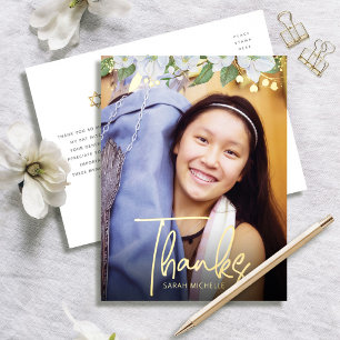 Bat Mitzwa Danke Foto Floral Fett Echtes Gold Folie Einladungspostkarte