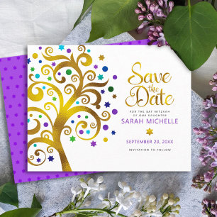 Bat Mitzwa Modern Fette Schrift Lila Gold Baum des Save The Date