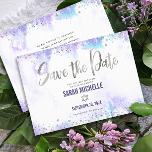 Bat Mitzwa moderne silberne Schrift lila Wasserfar Save The Date