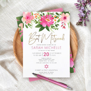 Bat Mitzwa Rosa Wasserfarbe Floral Gold Schrift Einladung