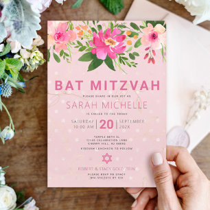 Bat Mitzwa Rosa Wasserfarbe Floral Modern Einfach Einladung