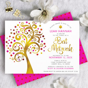 Bat Mitzwa Rot Goldfolie Baum des Lebens Modern Bo Einladung