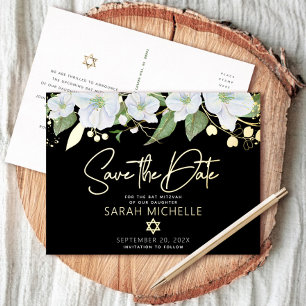 Bat Mizwa Save the Date Floral Schwarz Echtgold Folie Einladungspostkarte