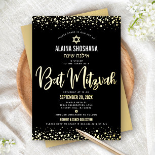 Bat Mizwa Schwarz Elegant Moderne Schrift Echtgold Folieneinladung