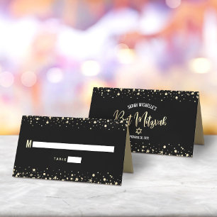 Bat Mizwa Schwarz Goldfolie Script Konfetti Modern Platzkarte
