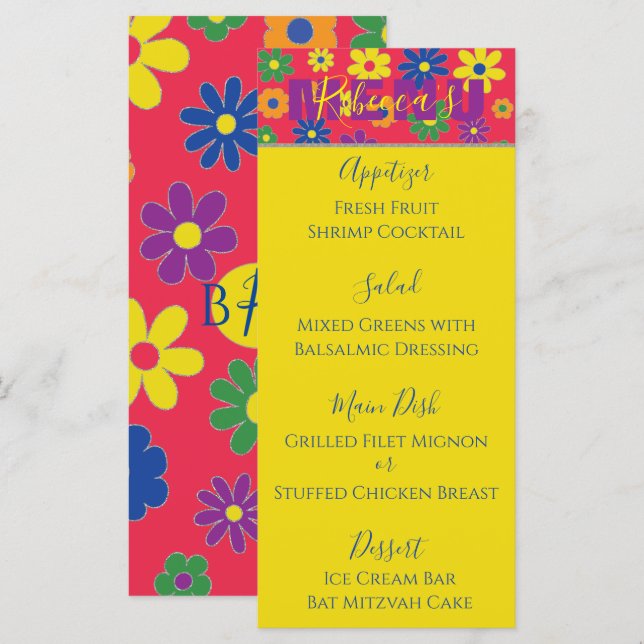 Bat oder Bar Mitzvah Elegantes Menü mit Flower Foo Menükarte (Vorne/Hinten)