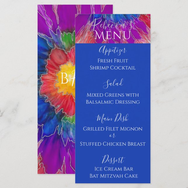 Bat ou Bar Mitzvah Elegant Tie Dye Menu Alimentair (Devant / Derrière)
