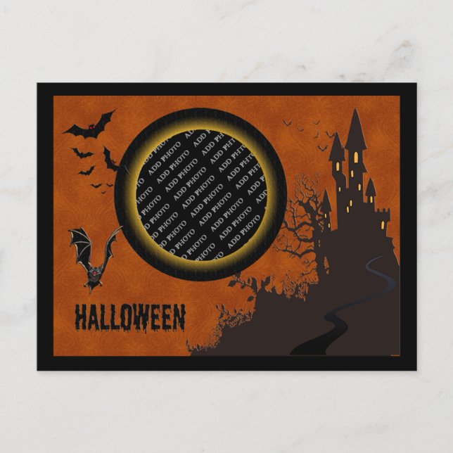 Bat, Spuk Haus Foto Rahmen und Orange Sky Postkarte (Vorderseite)