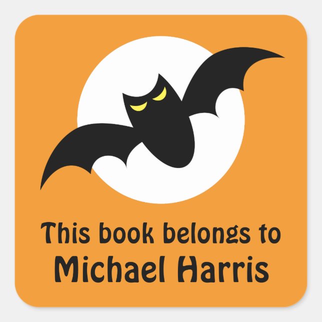 Bat vor Vollmond Orange Buchzeichen Buch Quadratischer Aufkleber (Vorderseite)