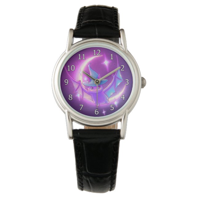 Bat Witz Crescent Moon Stars Kunst Armbanduhr (Vorderseite)