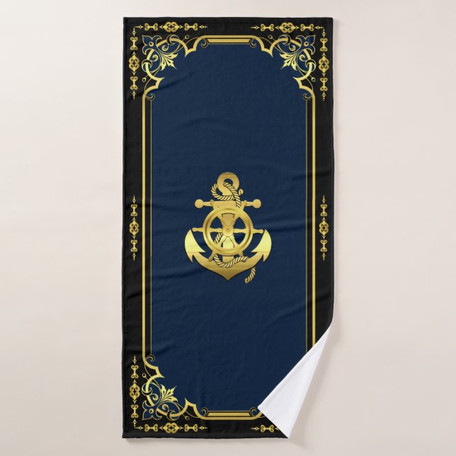 Bateau marin/ancre bleu marine/or t (Serviette de bain)