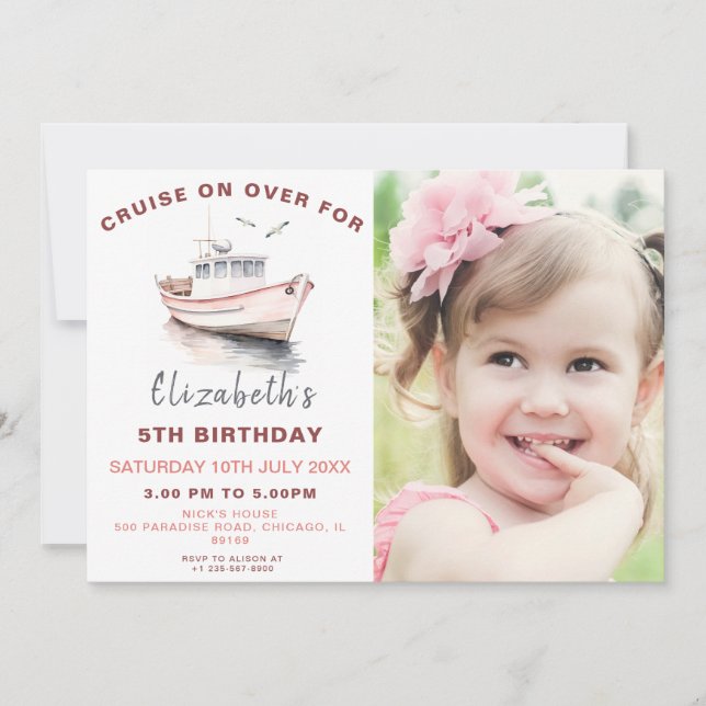 Bateau rose Anniversaire Photo Invitation (Devant)