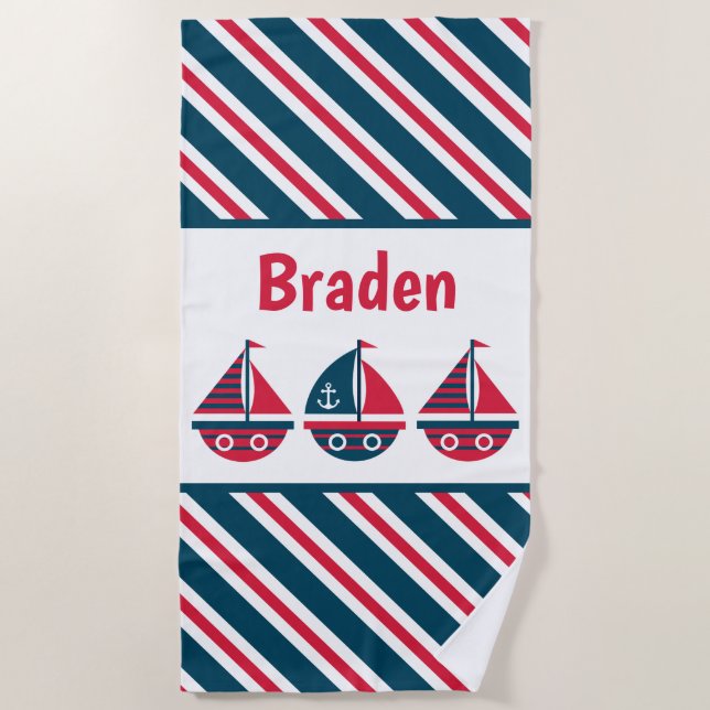 Bateaux à voile rayés Serviette de plage personnal (Devant)