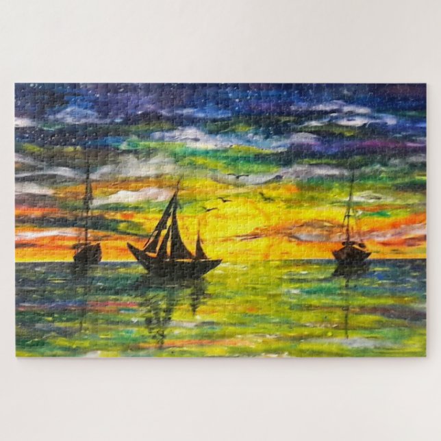 Bateaux Au Puzzle Coucher Du Soleil - Peinture (Horizontal)