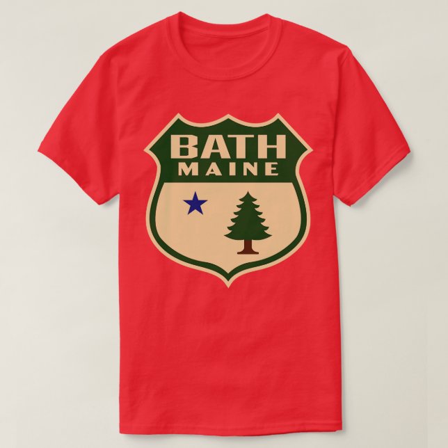 Bath Maine Retro Pine Tree Shield Green T-Shirt (Design vorne)