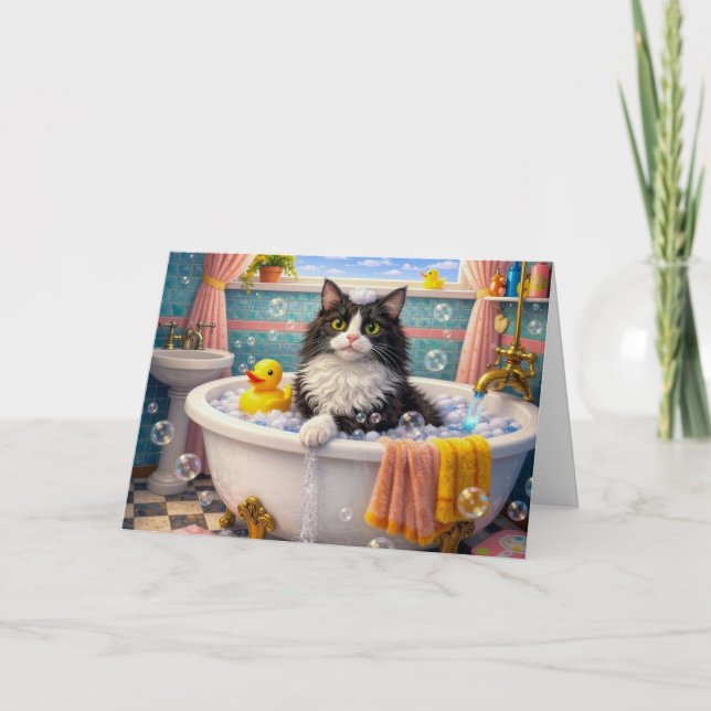 Bath Time , Cat Greeting Card Karte (Vorderseite)