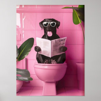 Bathroom Black Labrador Print Dog on Toilet Poster
