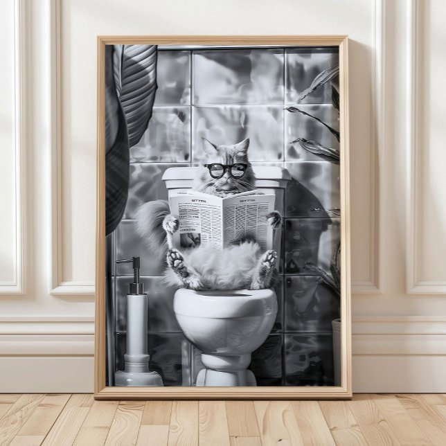 Bathroom Cat Print reading on toilet, Bathroom Wal Poster (Von Creator hochgeladen)