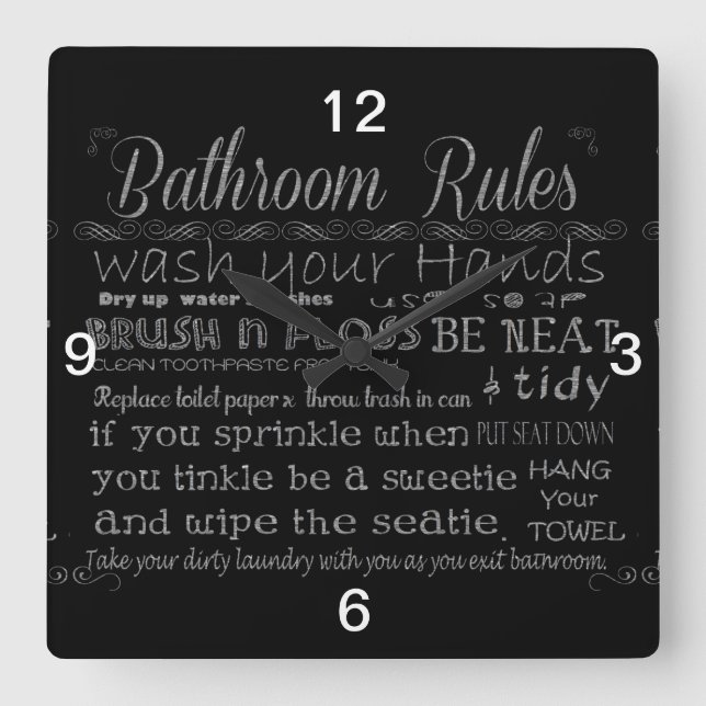Bathroom Rules Quadratische Wanduhr (Vorderseite)