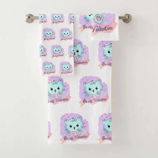 Bathroom Towel Sets Valentine's Day Cat Be Mine (En situation)