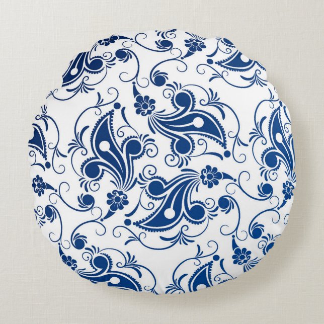 Batik Blau und Weiß Illustriertes Blumenmuster Rundes Kissen (Vorderseite)