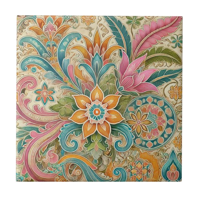 Batik Boho Botanische Wasserfarbe Fliese (Vorderseite)