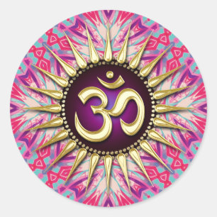 Batik Fuchsia Pink Lila & Sunshine Om Runder Aufkleber