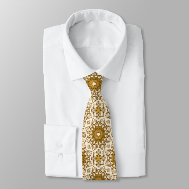 Batik Mandala Muster Mustard Gold und Creme Krawatte (Gebunden)