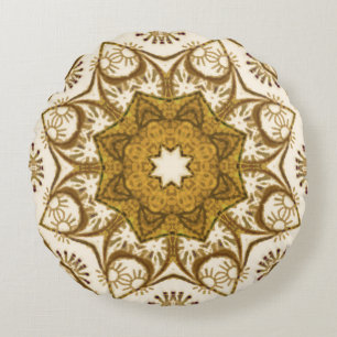 Batik Mandala Muster Mustard Gold und Creme Rundes Kissen