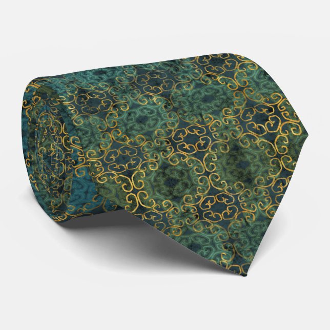 Batik Scroll Emerald et Gold Cravate (Roulé)