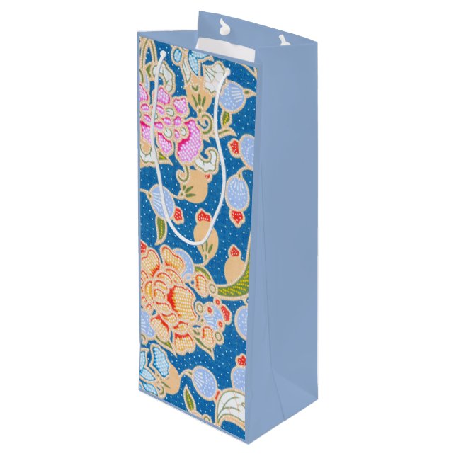 Batik Stil Muster Punkte Blume Blau Hintergrund Geschenktüte Für Weinflaschen (Rückseite Schrägansicht)