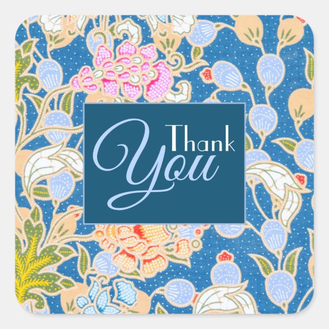 Batik Style Blume Blue Background Vielen Dank Quadratischer Aufkleber (Vorderseite)