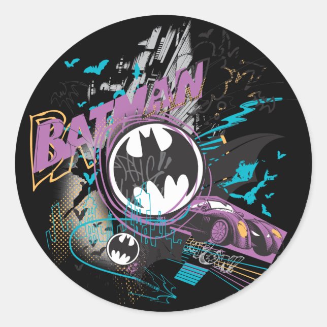 Batman Gotham Skyline Sketch Runder Aufkleber (Vorderseite)