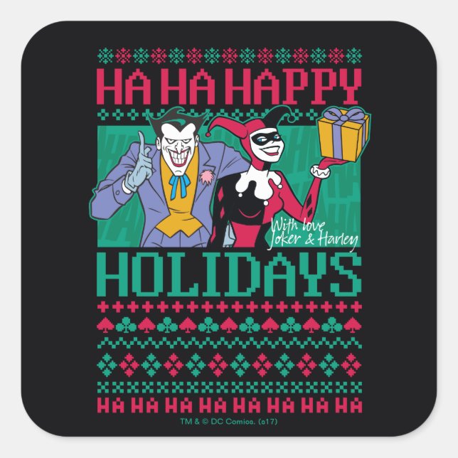 Batman | Happy Holidays Joker & Harley Quinn Quadratischer Aufkleber (Vorderseite)