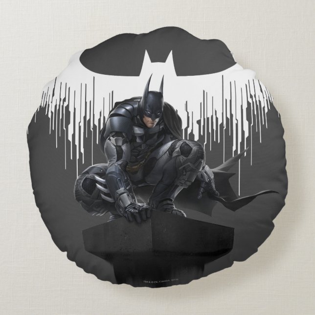 Batman Perched auf einer Säule Rundes Kissen (Rückseite)