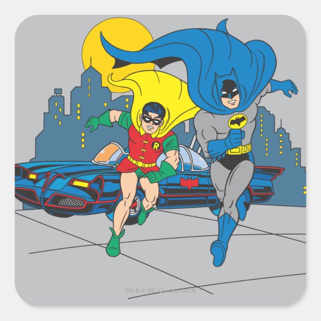 Batman und Robin laufen Quadratischer Aufkleber (Vorderseite)