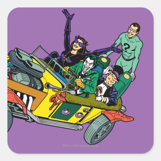 Batman Villains in Jokermobile Quadratischer Aufkleber (Vorderseite)